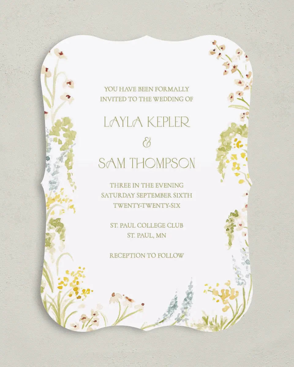 This is a 5" x 7" Bracket Wedding Invitation called Forever in Bloom printed in full color on Premium Smooth paper