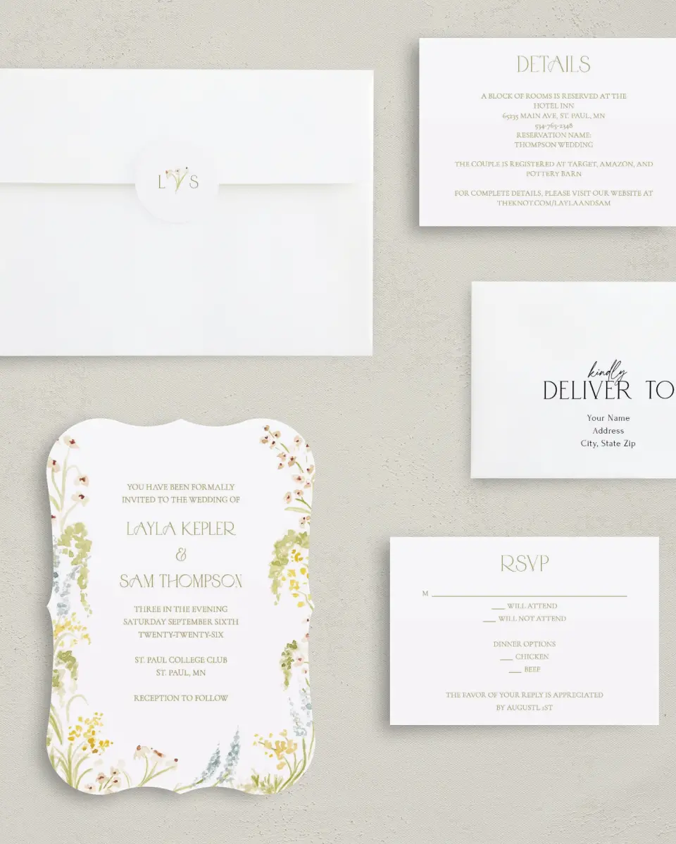 This is a 5" x 7" Bracket Wedding Invitation called Forever in Bloom printed in full color with Silver foil on Luxe Satin (coated) paper