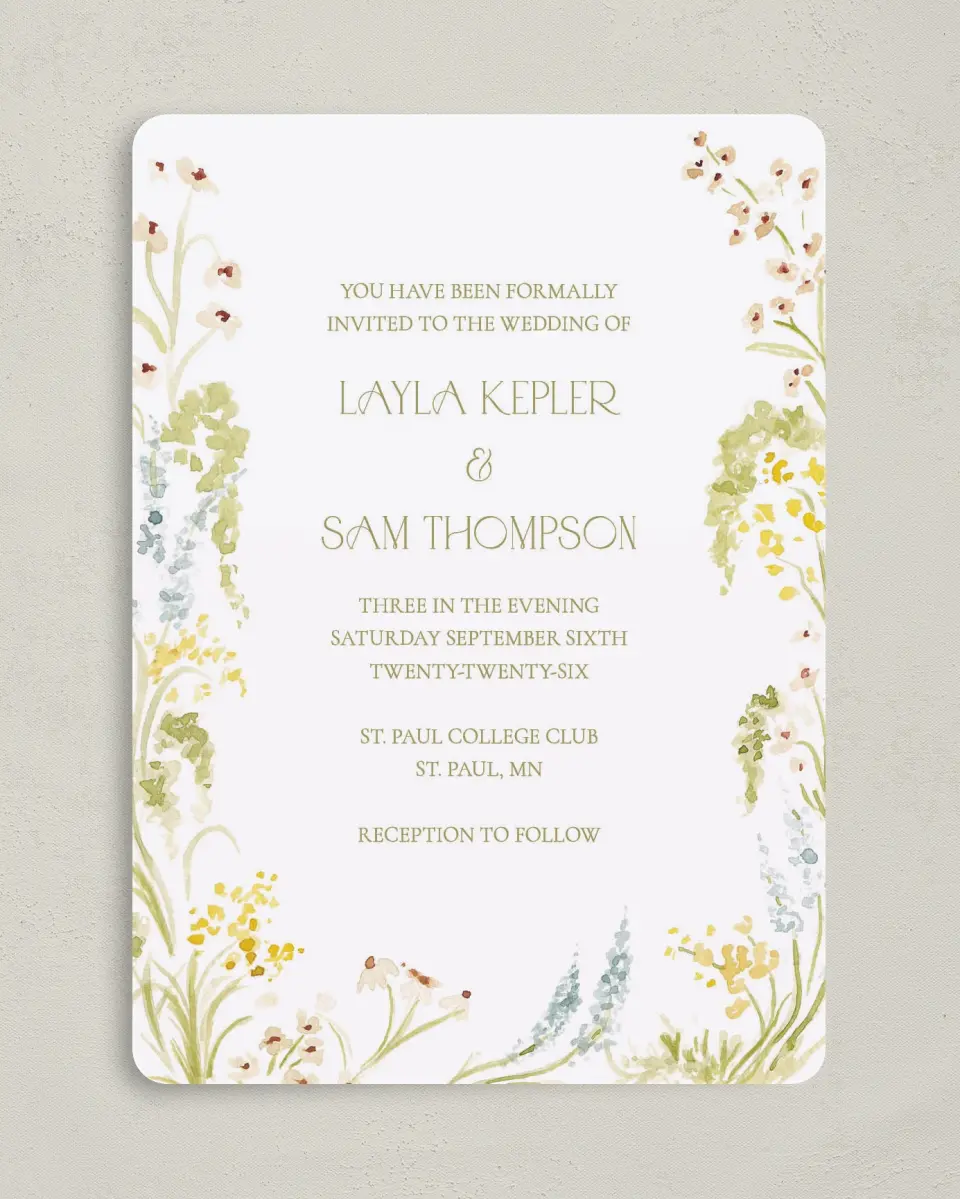 This is a 5" x 7" Rounded Wedding Invitation called Forever in Bloom printed in full color on Premium Smooth paper