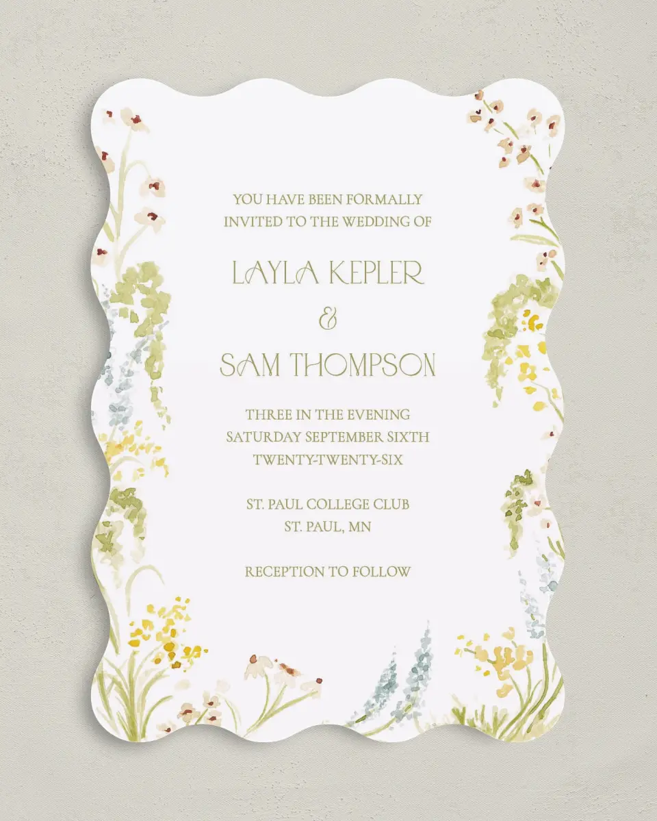 This is a 5" x 7" Wavy Wedding Invitation called Forever in Bloom printed in full color on Premium Smooth paper