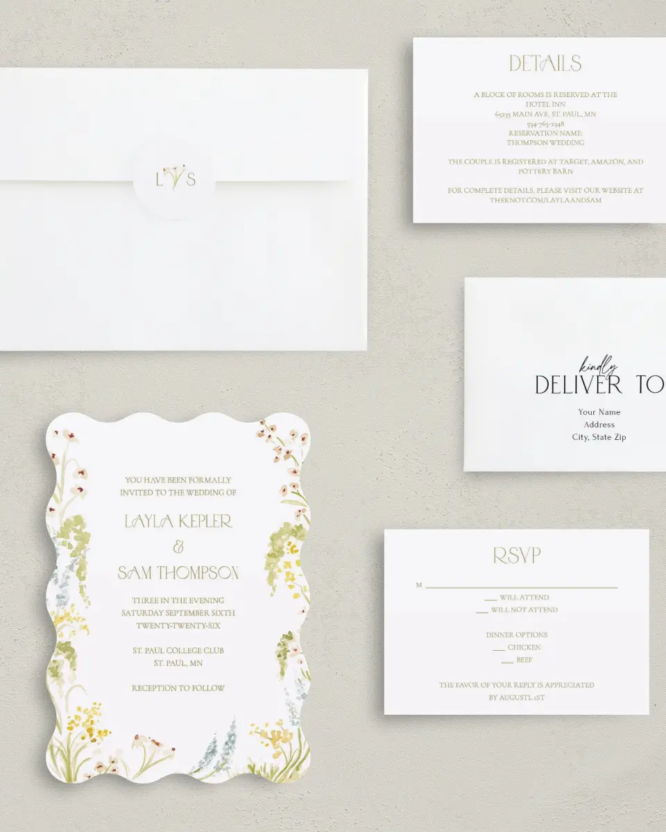 This is a 5" x 7" Wavy Wedding Invitation called Forever in Bloom printed in full color with Silver foil on Luxe Satin (coated) paper