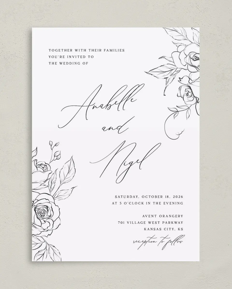 This is a 5" x 7" Classic Wedding Invitation called The Anabelle printed in full color on Premium Smooth paper
