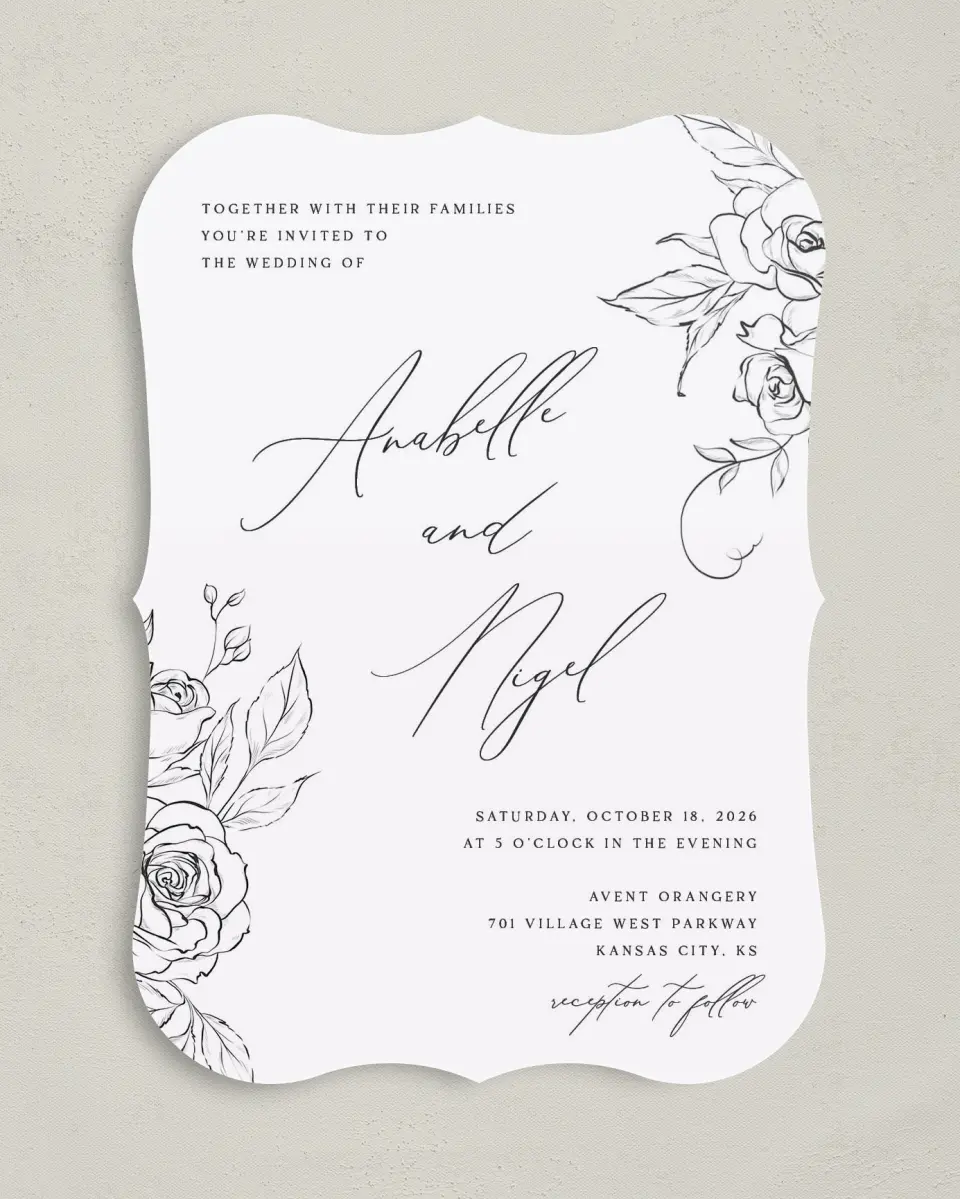 This is a 5" x 7" Bracket Wedding Invitation called The Anabelle printed in full color on Premium Smooth paper