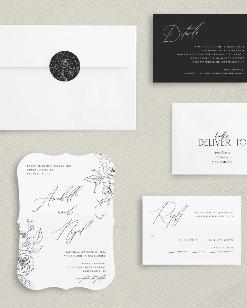This is a 5" x 7" Bracket Wedding Invitation called The Anabelle printed in full color with Silver foil on Luxe Satin (coated) paper