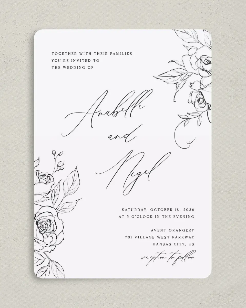 This is a 5" x 7" Rounded Wedding Invitation called The Anabelle printed in full color on Premium Smooth paper