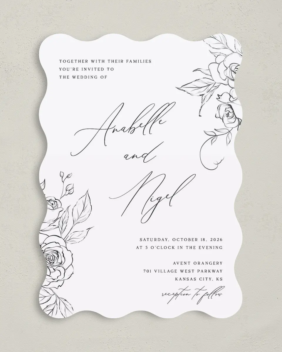 This is a 5" x 7" Wavy Wedding Invitation called The Anabelle printed in full color on Premium Smooth paper