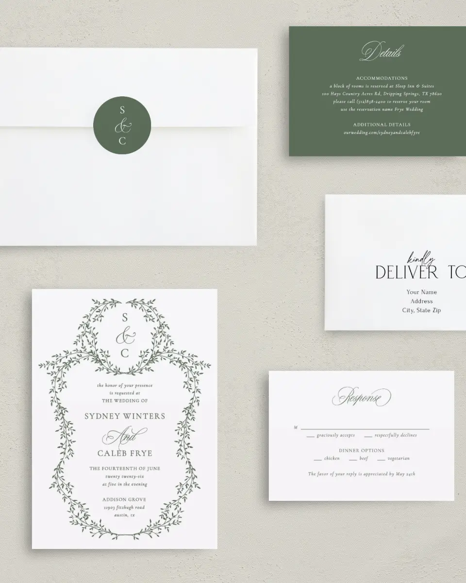 This is a 5" x 7" Classic Wedding Invitation called Elegant Frame printed in full color with Rose Gold foil on Luxe Satin (coated) paper