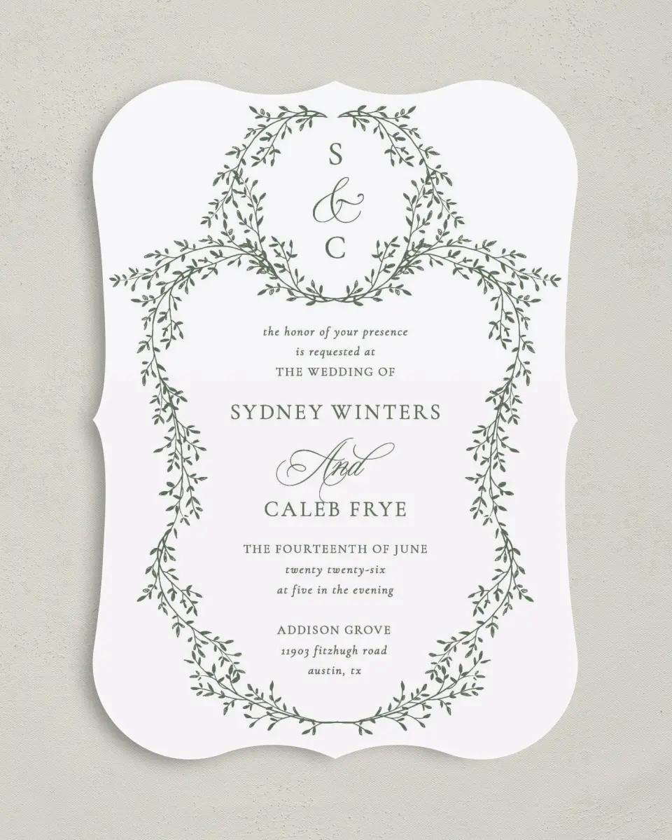 This is a 5" x 7" Bracket Wedding Invitation called Elegant Frame printed in full color with Silver foil on Luxe Satin (coated) paper