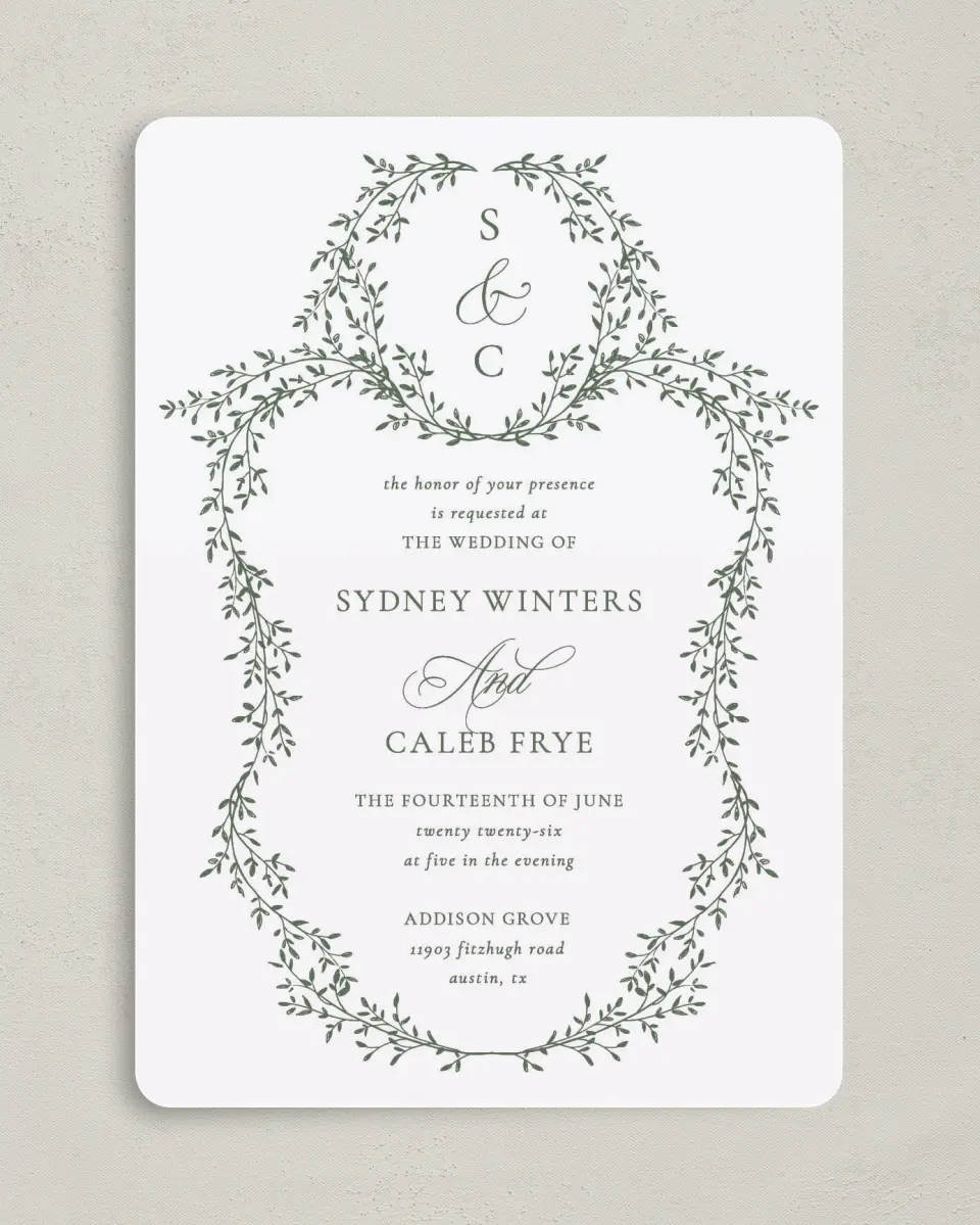 This is a 5" x 7" Rounded Wedding Invitation called Elegant Frame printed in full color on Premium Smooth paper