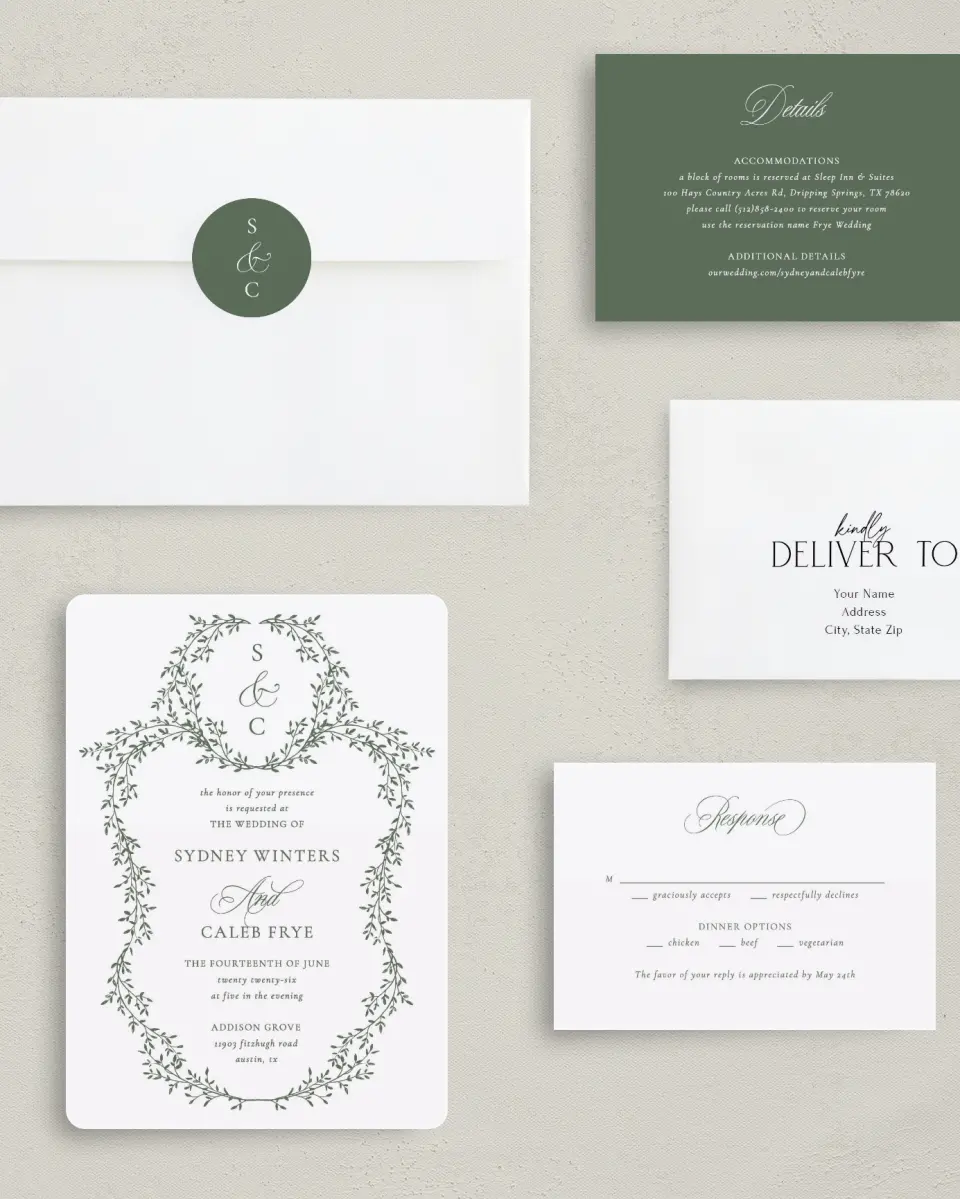 This is a 5" x 7" Rounded Wedding Invitation called Elegant Frame printed in full color with Silver foil on Luxe Satin (coated) paper