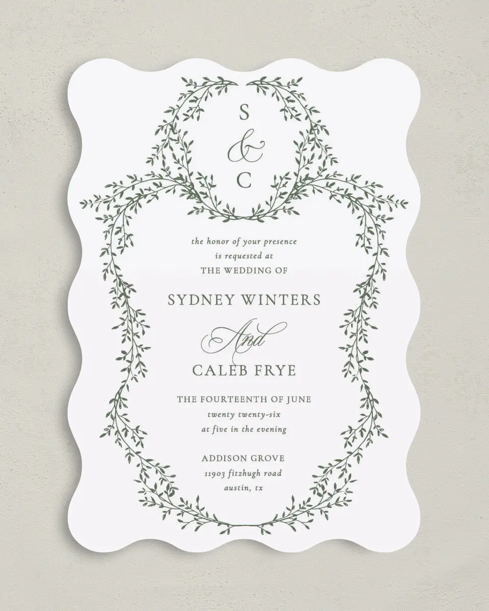This is a 5" x 7" Wavy Wedding Invitation called Elegant Frame printed in full color on Premium Smooth paper