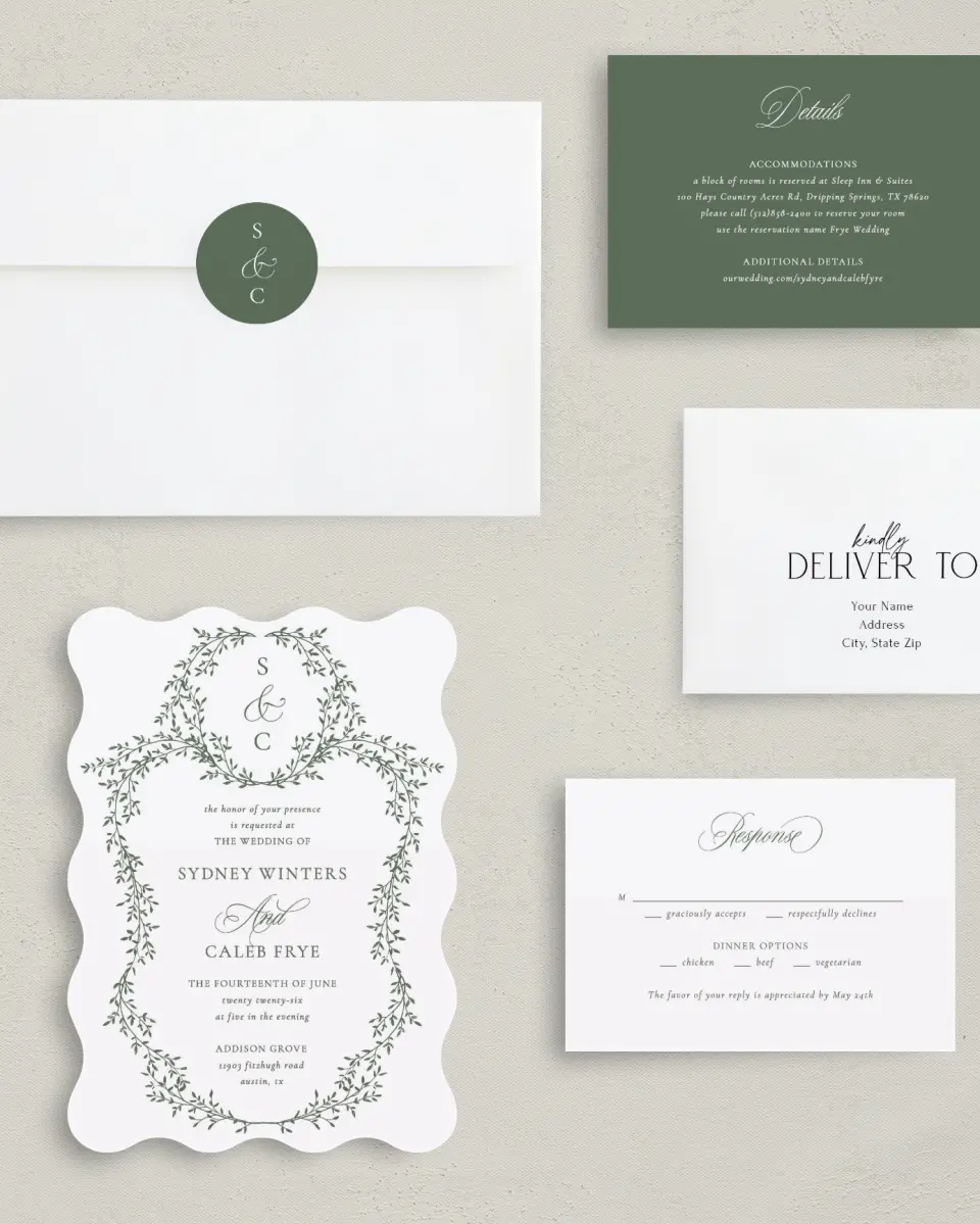 This is a 5" x 7" Wavy Wedding Invitation called Elegant Frame printed in full color with Silver foil on Luxe Satin (coated) paper
