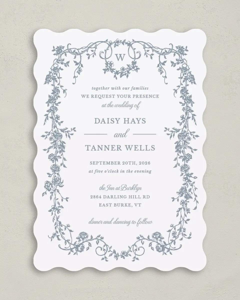 This is a 5" x 7" Wavy Wedding Invitation called Flowering Frame printed in full color on Premium Smooth paper