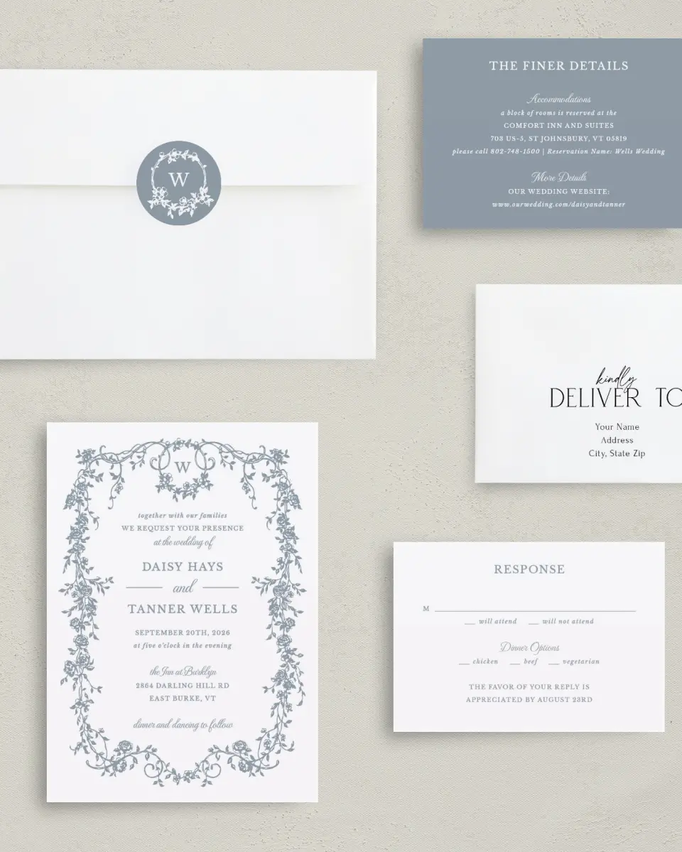 This is a 5" x 7" Classic Wedding Invitation called Flowering Frame printed in full color with Rose Gold foil on Luxe Satin (coated) paper