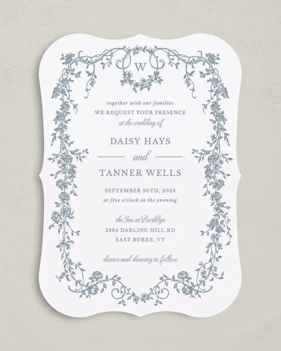 This is a 5" x 7" Bracket Wedding Invitation called Flowering Frame printed in full color on Premium Smooth paper