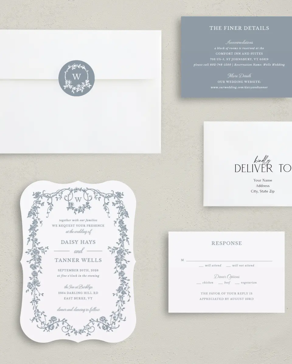This is a 5" x 7" Bracket Wedding Invitation called Flowering Frame printed in full color with Silver foil on Luxe Satin (coated) paper