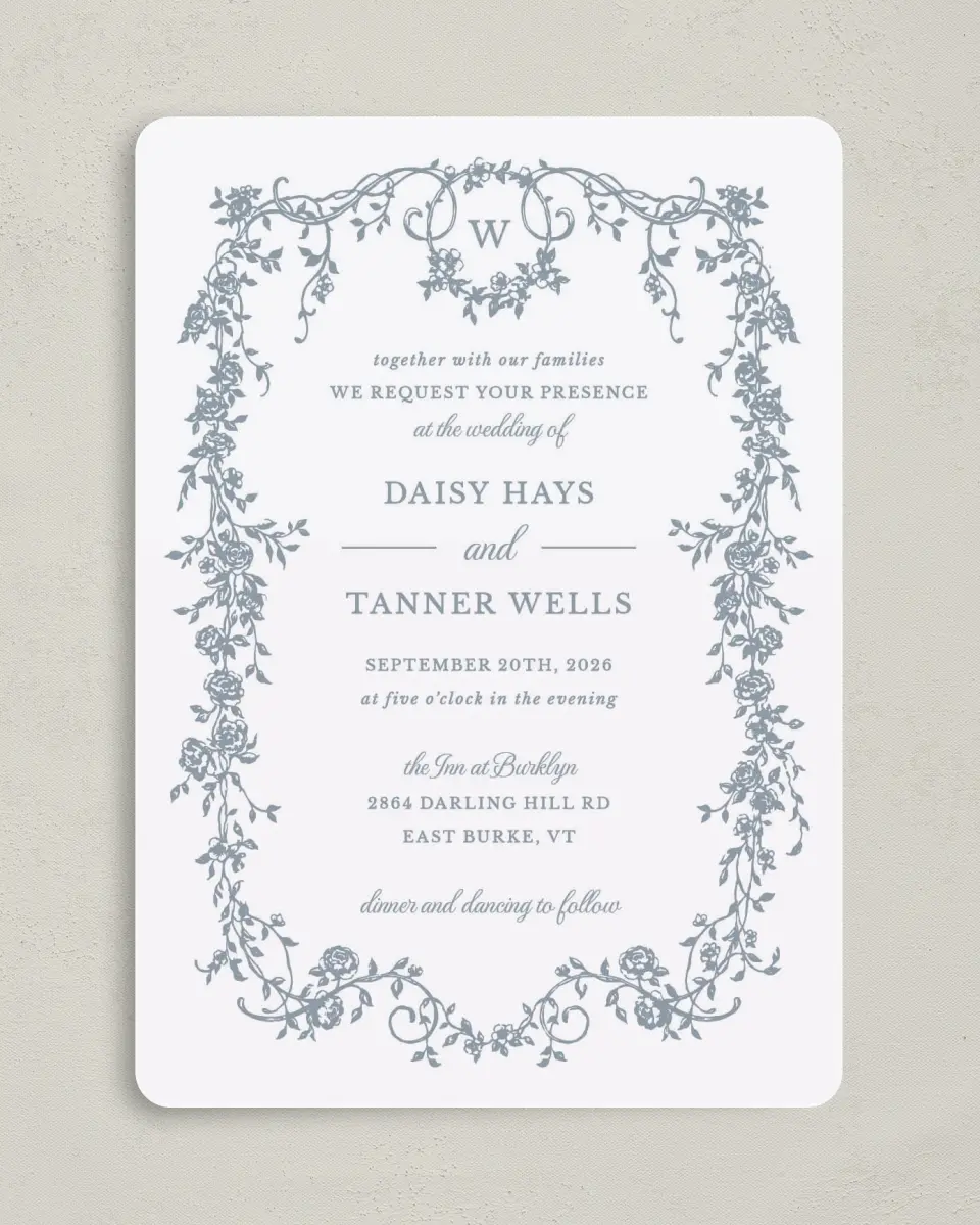 This is a 5" x 7" Rounded Wedding Invitation called Flowering Frame printed in full color on Premium Smooth paper