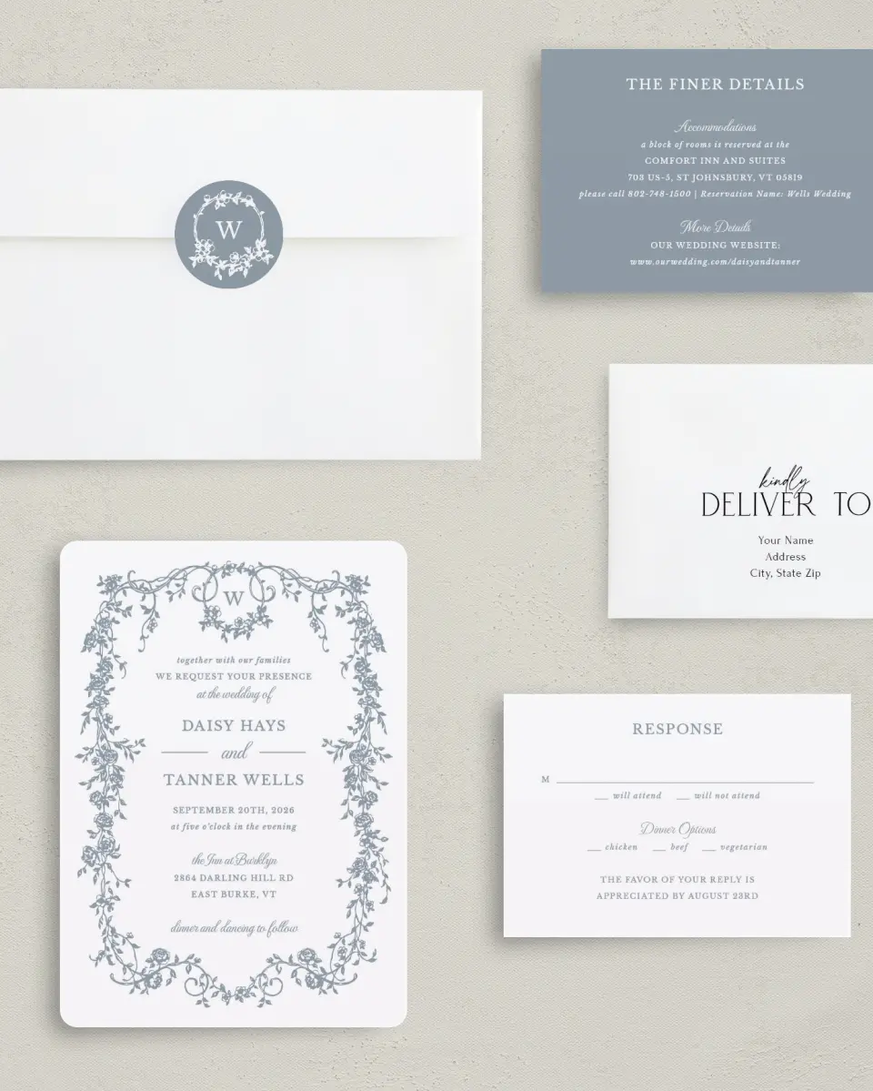This is a 5" x 7" Rounded Wedding Invitation called Flowering Frame printed in full color with Silver foil on Luxe Satin (coated) paper