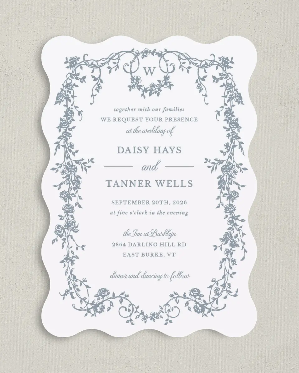 This is a 5" x 7" Wavy Wedding Invitation called Flowering Frame printed in full color on Premium Smooth paper