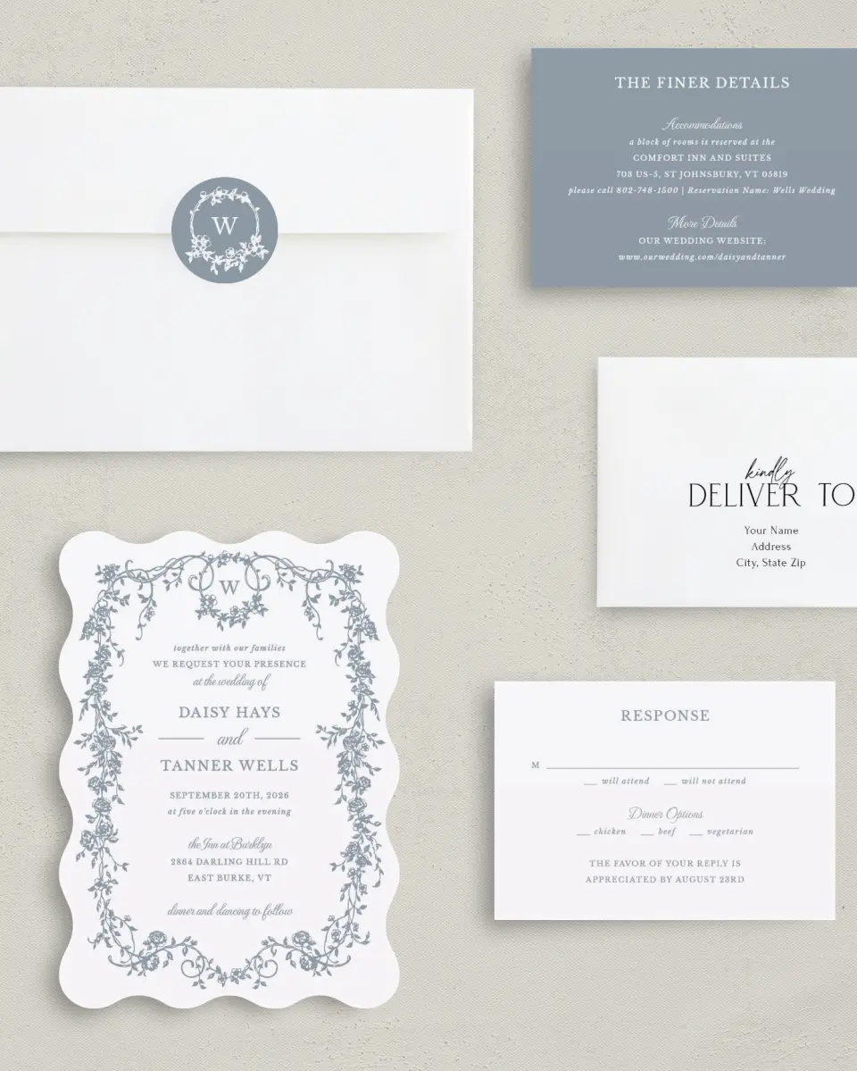 This is a 5" x 7" Wavy Wedding Invitation called Flowering Frame printed in full color with Silver foil on Luxe Satin (coated) paper