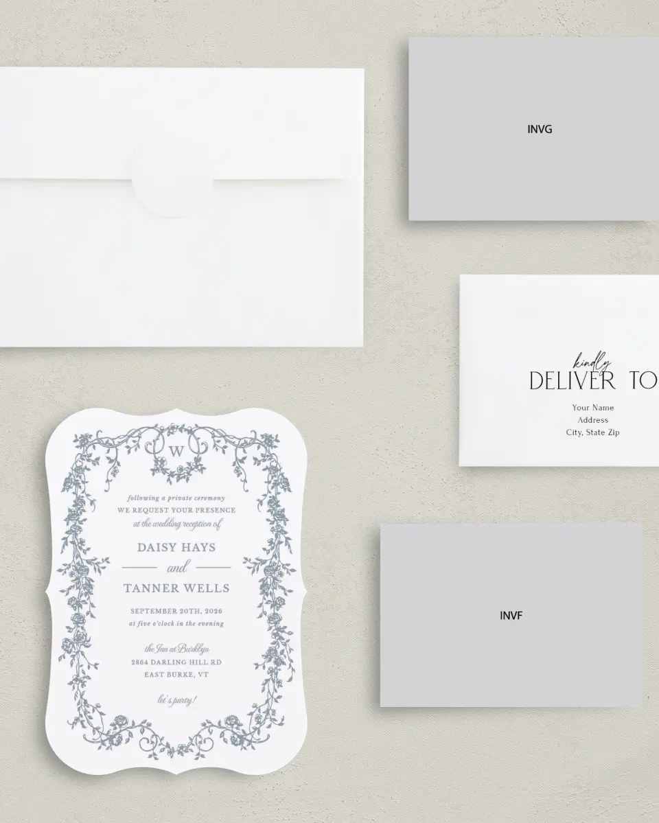 This is a 5" x 7" Reception-Only - CP called Flowering Frame printed in full color with Silver foil on Luxe Satin (coated) paper
