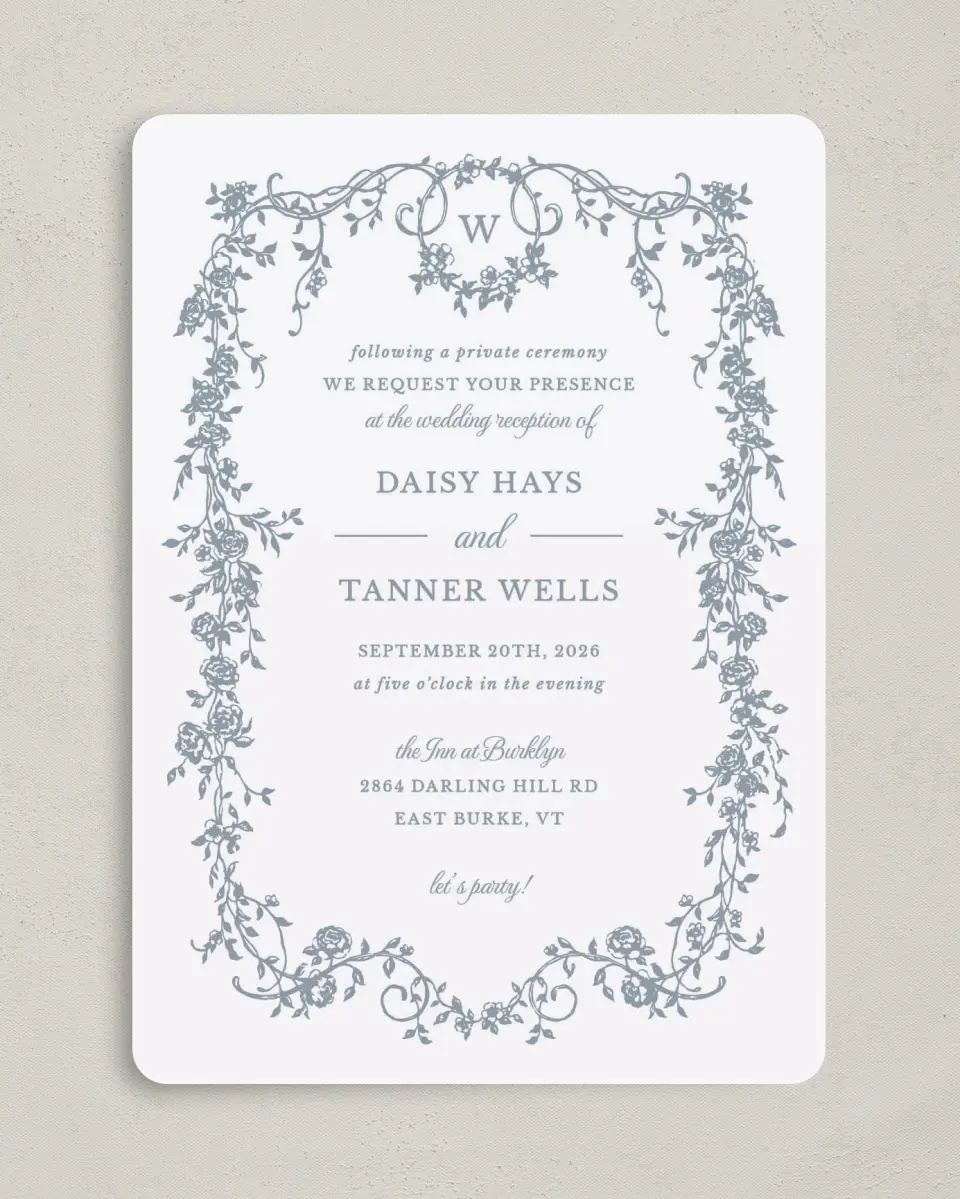 This is a 5" x 7" Reception-Only - CP called Flowering Frame printed in full color on Premium Smooth paper