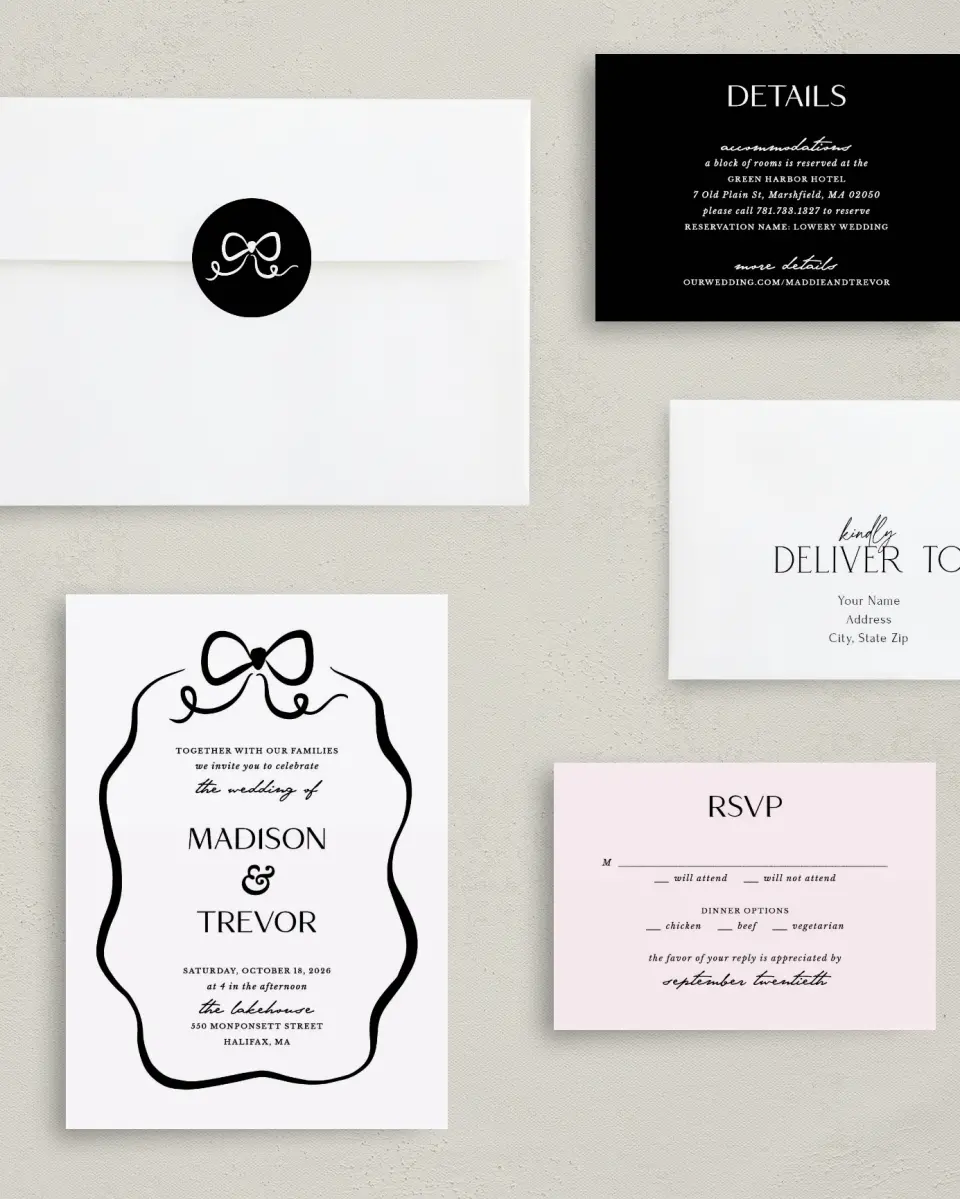 This is a 5" x 7" Classic Wedding Invitation called The Madison printed in full color with Rose Gold foil on Luxe Satin (coated) paper