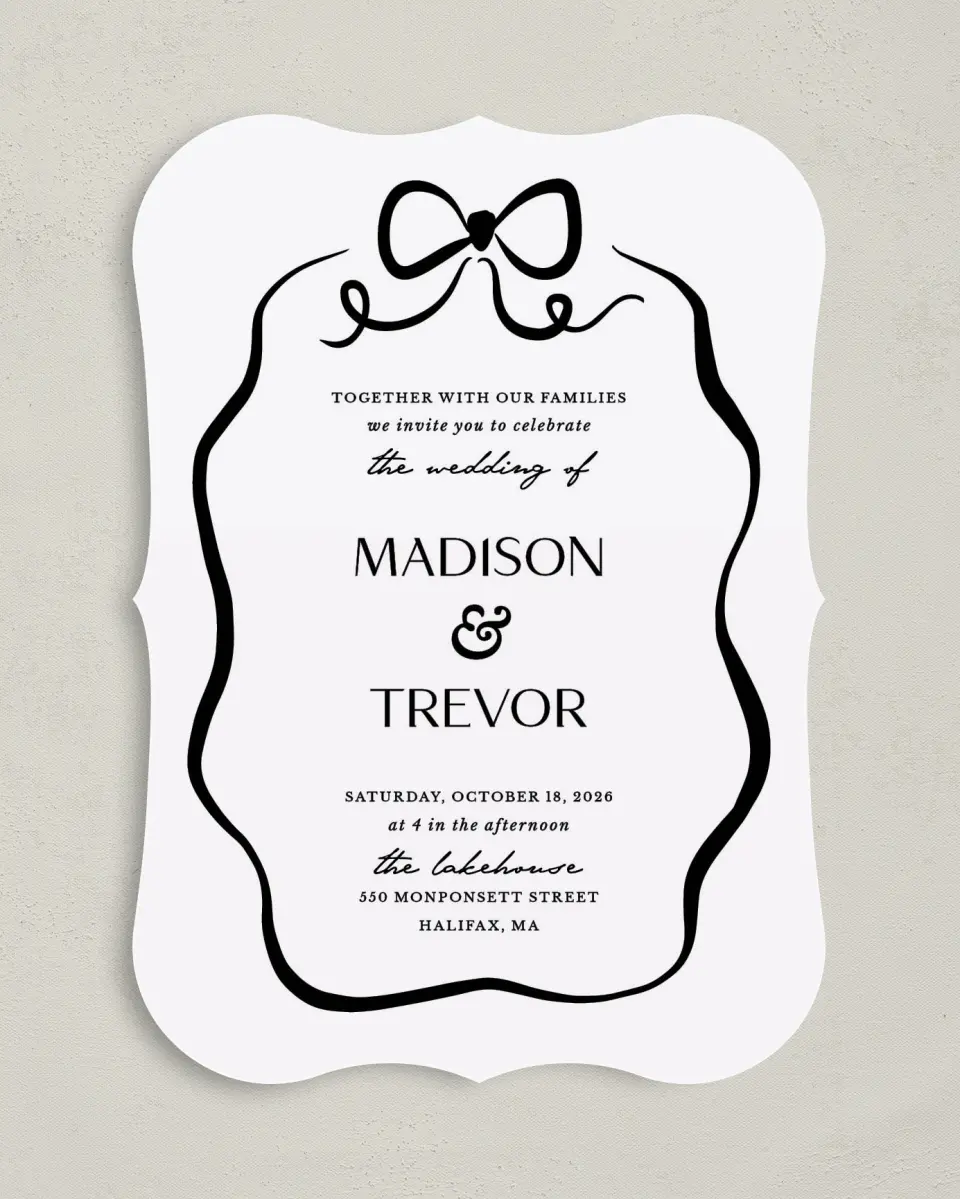This is a 5" x 7" Bracket Wedding Invitation called The Madison printed in full color on Premium Smooth paper