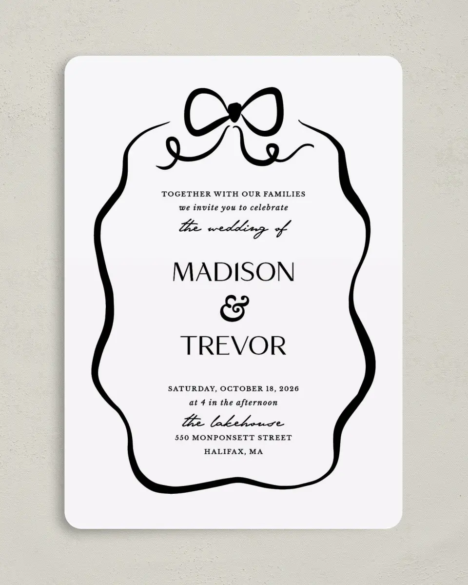 This is a 5" x 7" Rounded Wedding Invitation called The Madison printed in full color on Premium Smooth paper