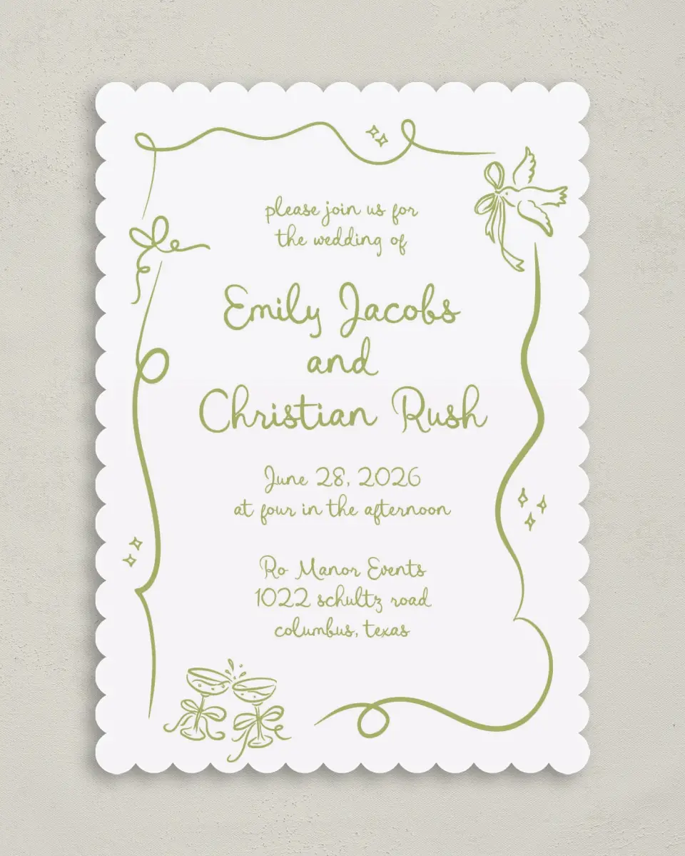 This is a 5" x 7" Classic Wedding Invitation called Wedding Whimsy printed in full color on Premium Smooth paper