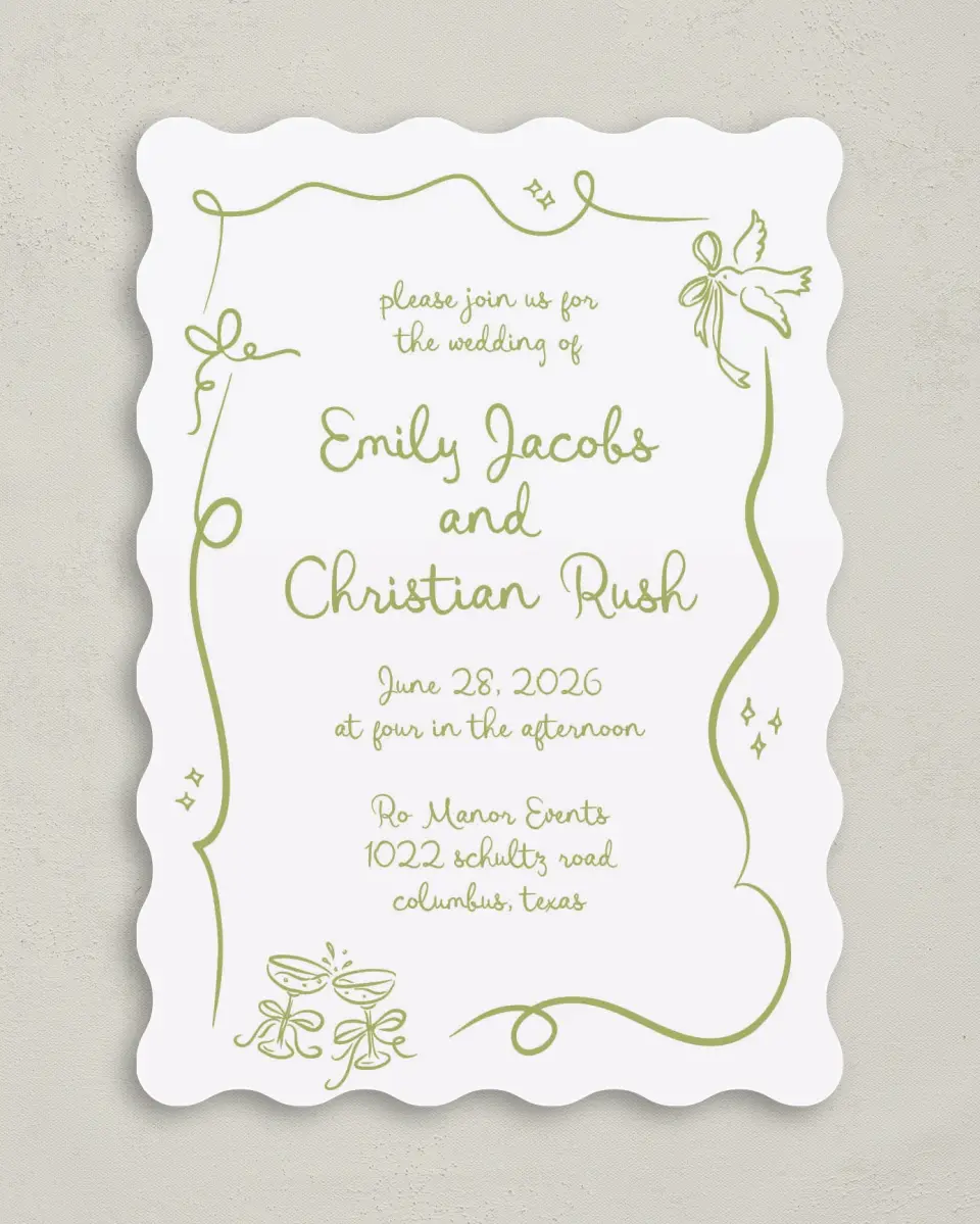 This is a 5" x 7" Wavy Wedding Invitation called Wedding Whimsy printed in full color on Premium Smooth paper