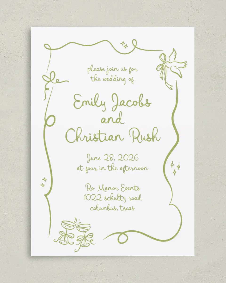 This is a 5" x 7" Classic Wedding Invitation called Wedding Whimsy printed in full color on Premium Smooth paper
