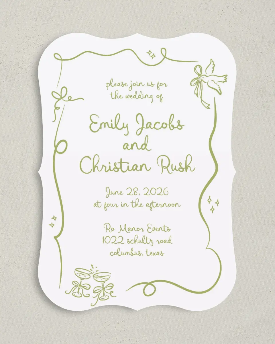 This is a 5" x 7" Bracket Wedding Invitation called Wedding Whimsy printed in full color on Premium Smooth paper