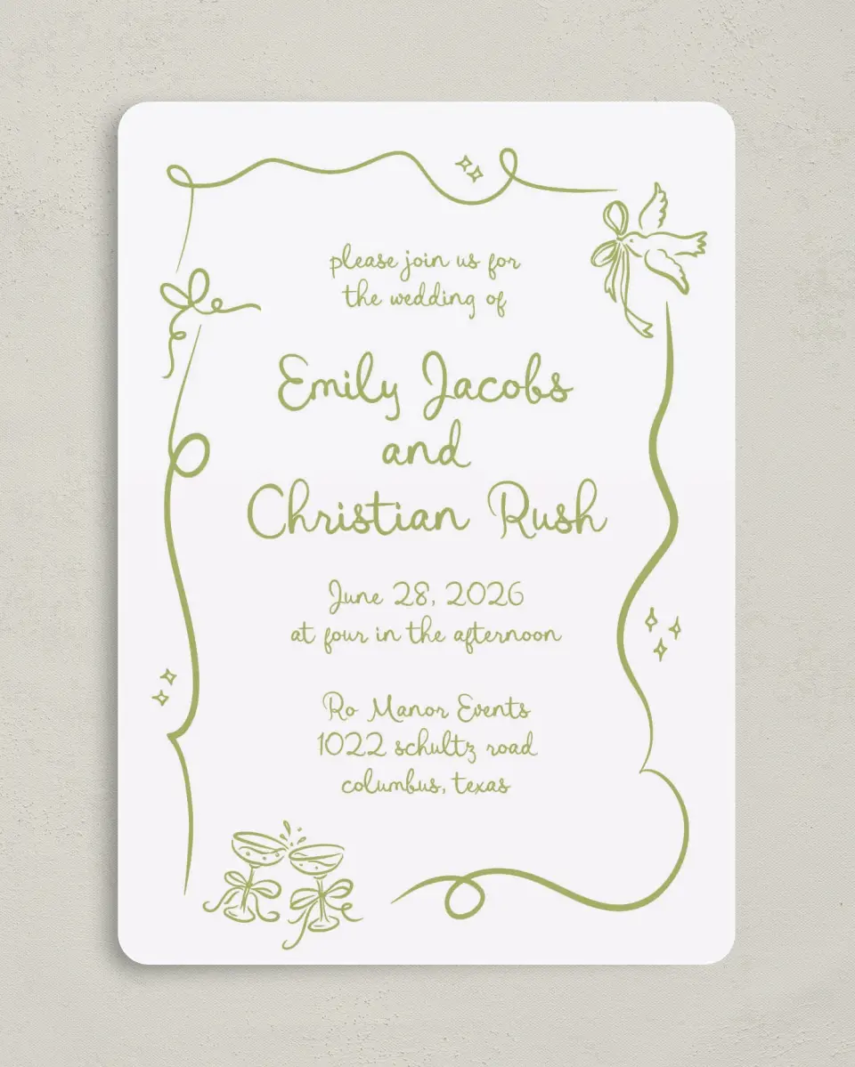 This is a 5" x 7" Rounded Wedding Invitation called Wedding Whimsy printed in full color on Premium Smooth paper