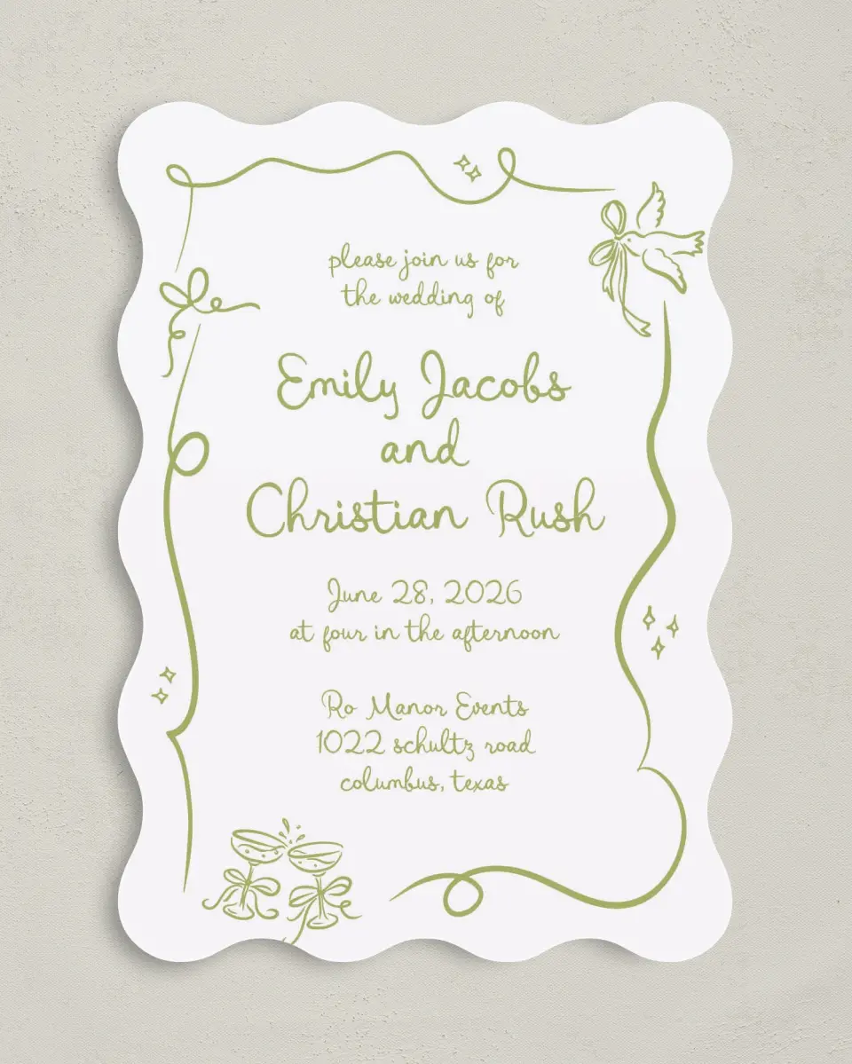 This is a 5" x 7" Wavy Wedding Invitation called Wedding Whimsy printed in full color on Premium Smooth paper