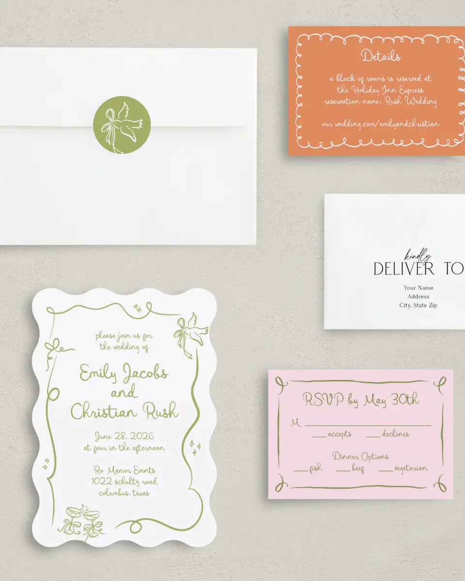 This is a 5" x 7" Wavy Wedding Invitation called Wedding Whimsy printed in full color with Silver foil on Luxe Satin (coated) paper