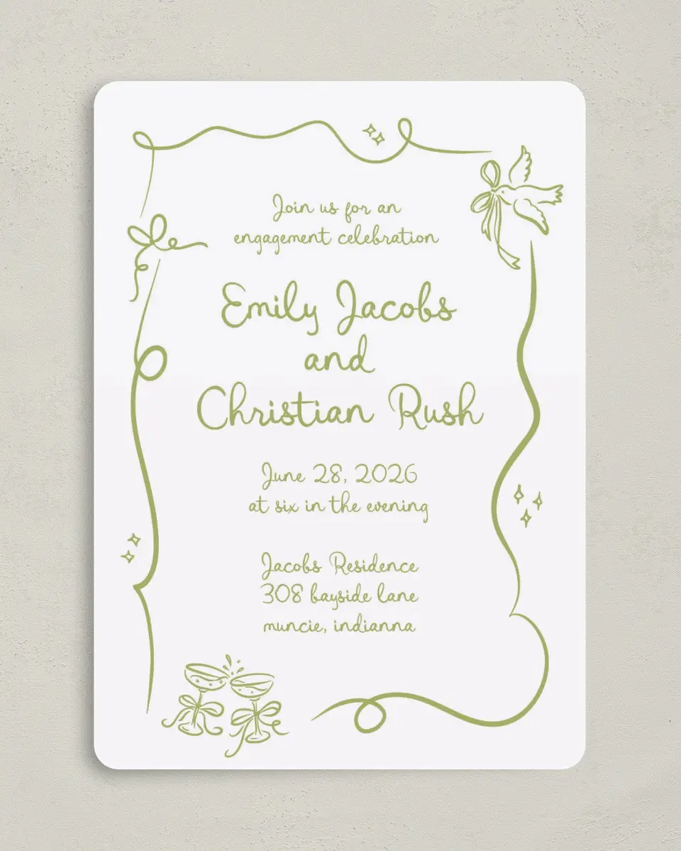 This is a 5" x 7" Engagement Party Invitation called Wedding Whimsy printed in full color with Silver foil on Luxe Satin (coated) paper