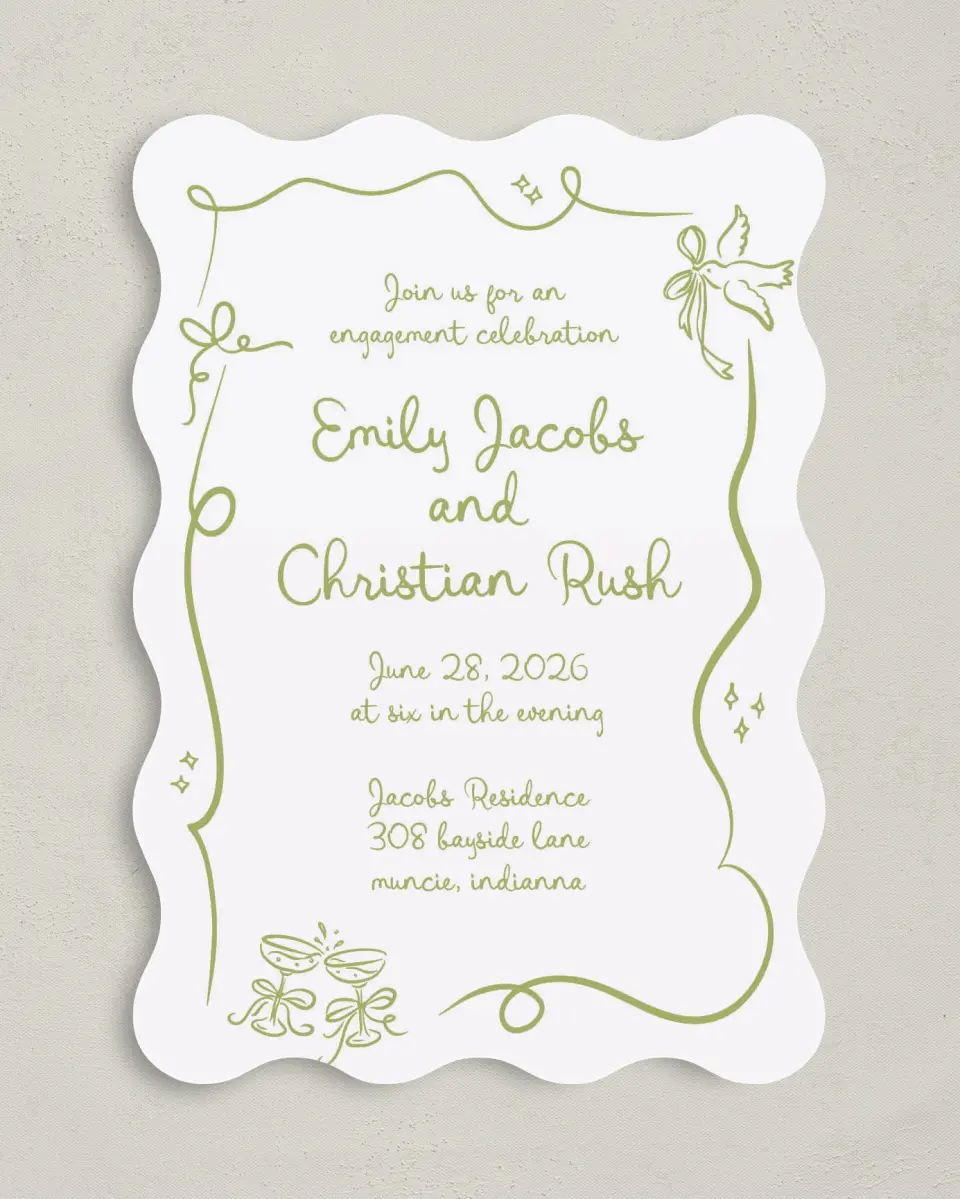 This is a 5" x 7" Wavy Wedding Invitation called Wedding Whimsy printed in full color on Premium Smooth paper