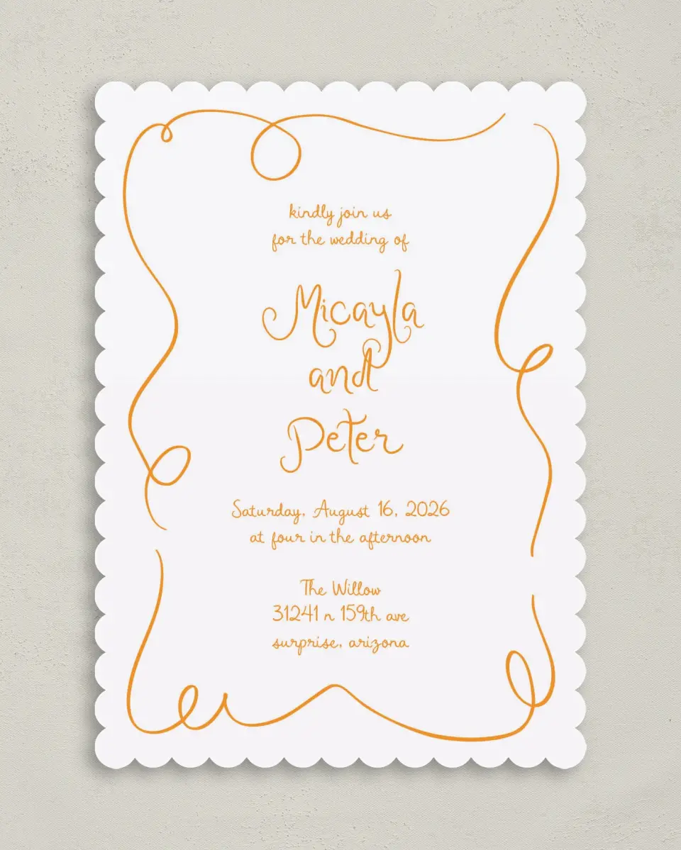 This is a 5" x 7" Classic Wedding Invitation called The Micayla printed in full color on Premium Smooth paper