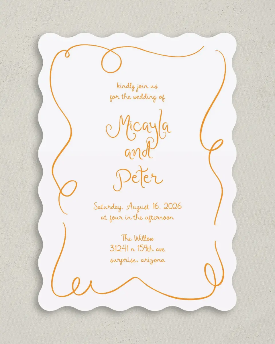This is a 5" x 7" Wavy Wedding Invitation called The Micayla printed in full color on Premium Smooth paper