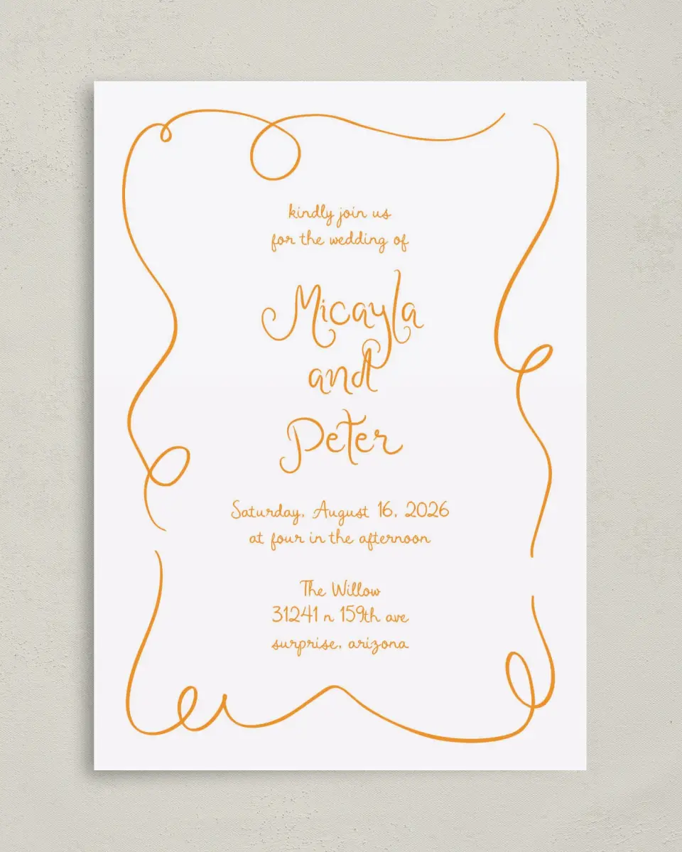This is a 5" x 7" Classic Wedding Invitation called The Micayla printed in full color with Gold foil on Luxe Satin (coated) paper