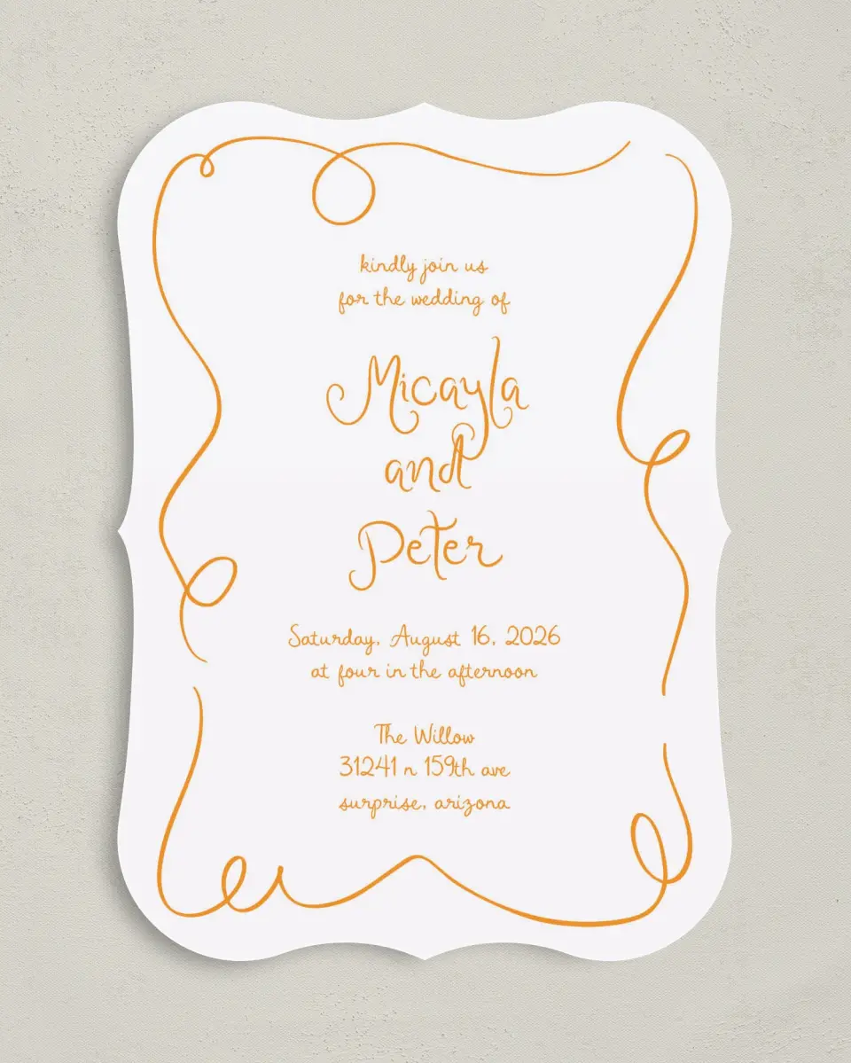 This is a 5" x 7" Bracket Wedding Invitation called The Micayla printed in full color with Silver foil on Luxe Satin (coated) paper