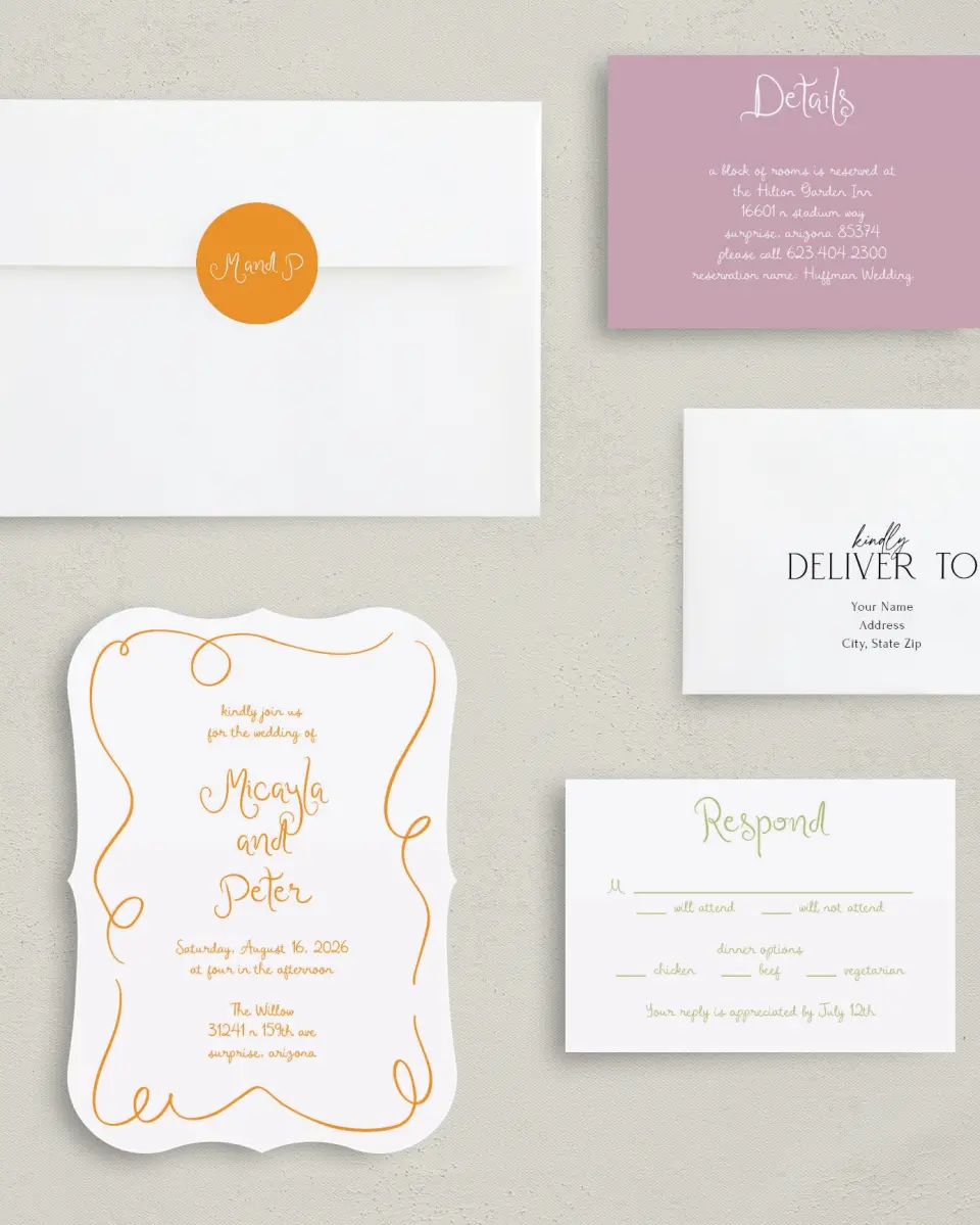 This is a 5" x 7" Bracket Wedding Invitation called The Micayla printed in full color with Silver foil on Luxe Satin (coated) paper