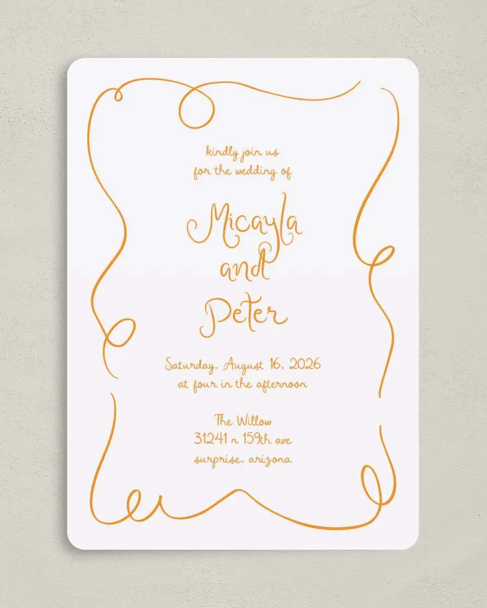 This is a 5" x 7" Rounded Wedding Invitation called The Micayla printed in full color on Premium Smooth paper