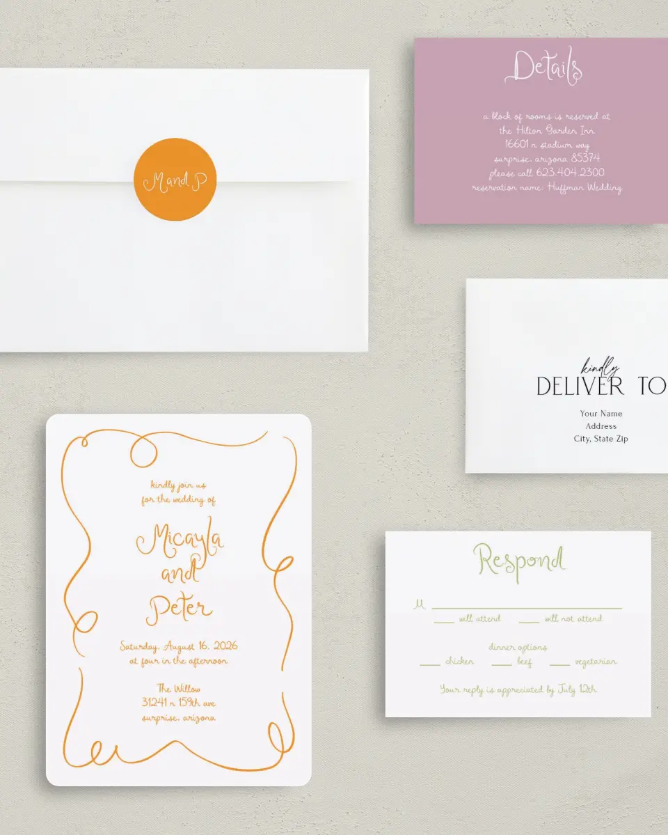 This is a 5" x 7" Rounded Wedding Invitation called The Micayla printed in full color with Rose Gold foil on Luxe Satin (coated) paper