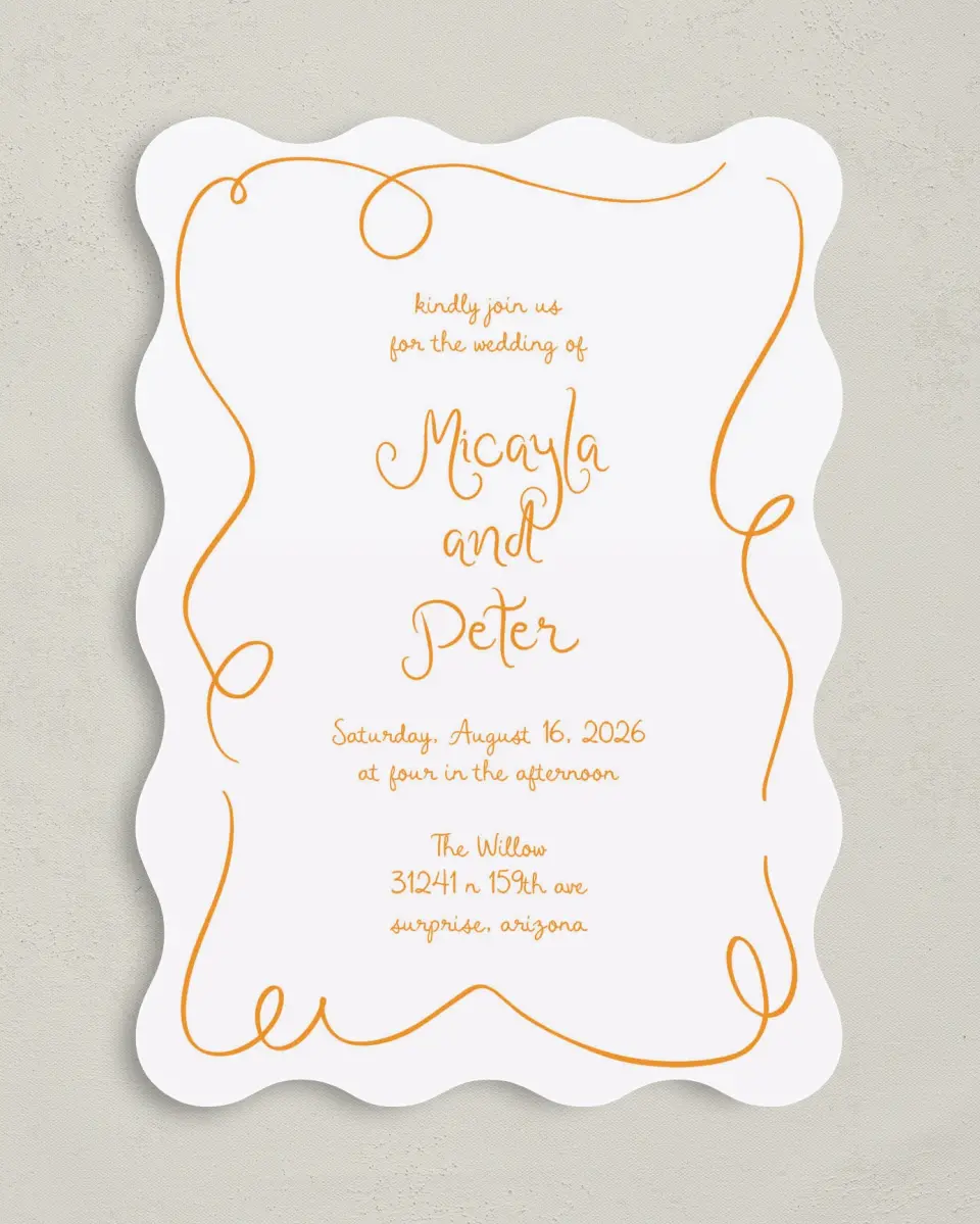 This is a 5" x 7" Wavy Wedding Invitation called The Micayla printed in full color on Premium Smooth paper