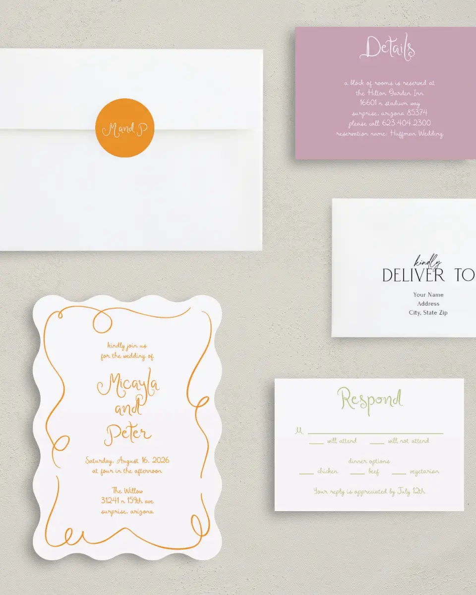 This is a 5" x 7" Wavy Wedding Invitation called The Micayla printed in full color with Gold foil on Luxe Satin (coated) paper