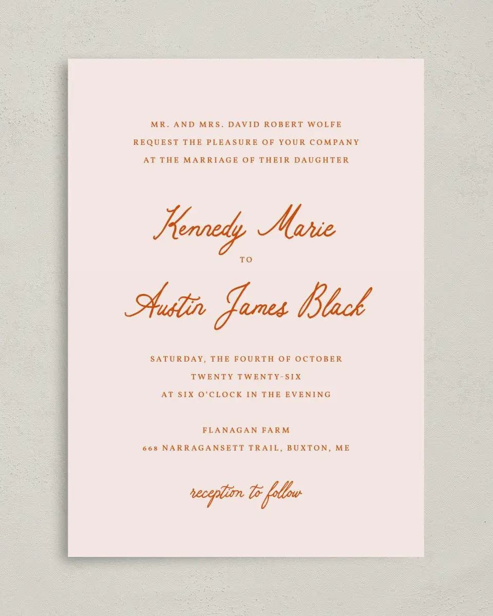 This is a 5" x 7" Classic Wedding Invitation called The Kennedy printed in full color on Premium Smooth paper