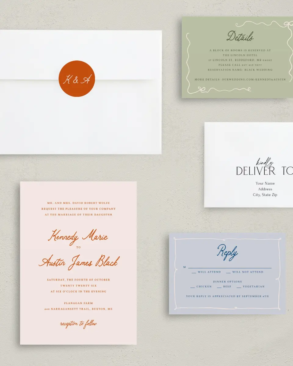 This is a 5" x 7" Classic Wedding Invitation called The Kennedy printed in full color with Silver foil on Luxe Satin (coated) paper