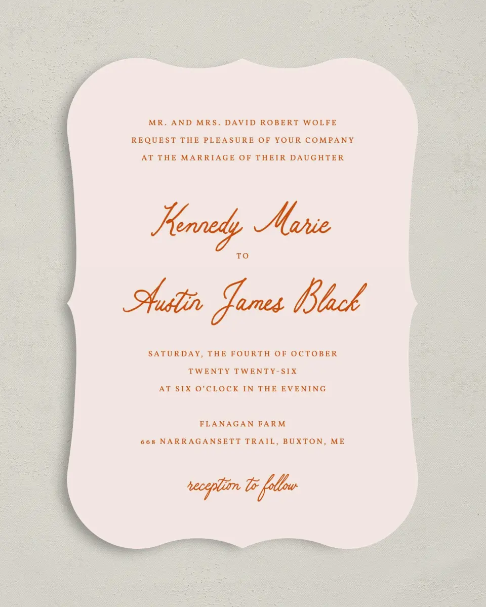 This is a 5" x 7" Bracket Wedding Invitation called The Kennedy printed in full color with Silver foil on Luxe Satin (coated) paper